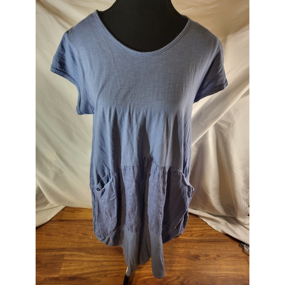 Liabella Linen & Cotton Blend S/S Blue Lagenlook Dress Pockets